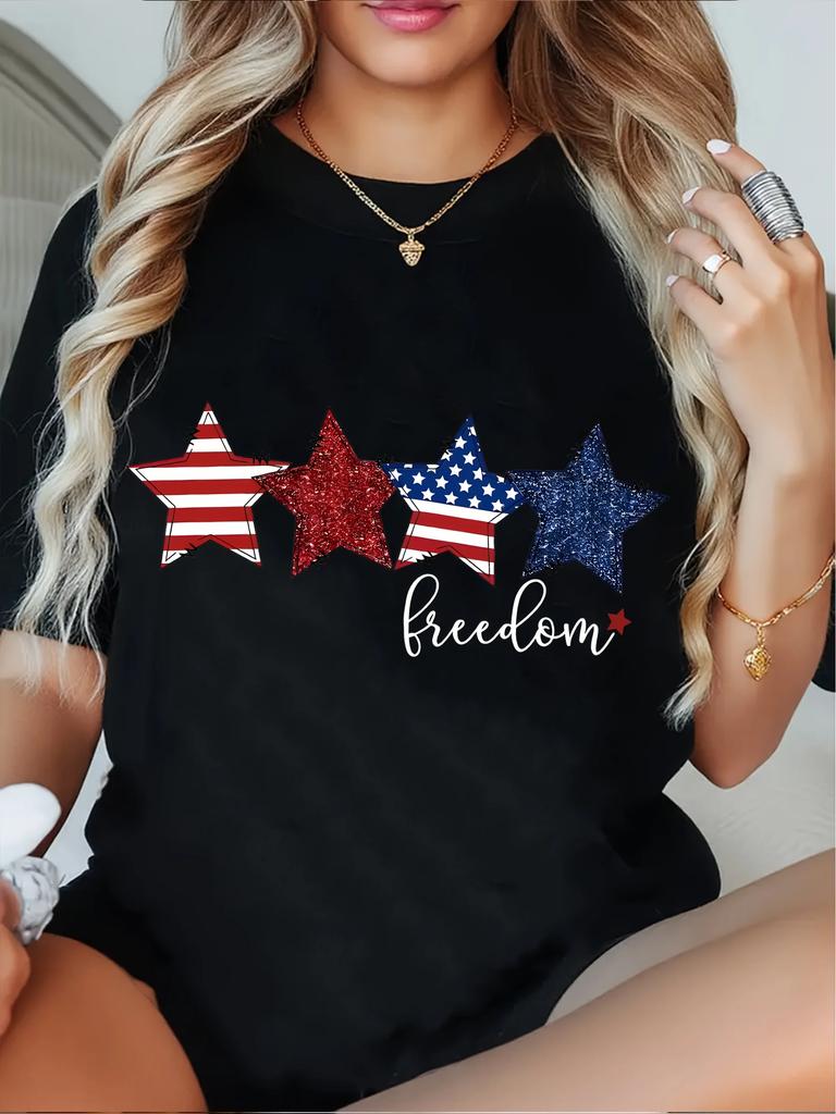 Women's Patriotic Star Print T-Shirt  Bohemian Short Sleeve Top with American Flag Design  Red Glitter Stars Freedom Text Casual