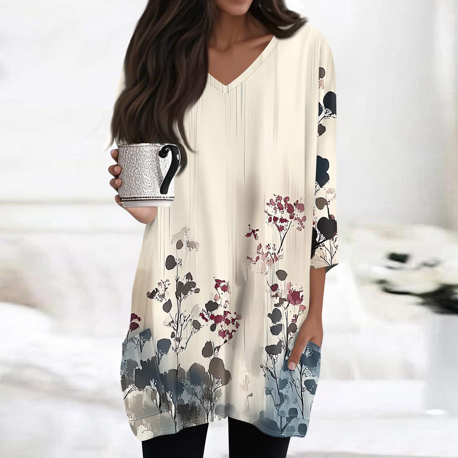 

Womens Tops V-neck 3/4 Sleeve Blouses Casual Mid-length Shirts Fashion Print Tunic Tops With Pockets L бежевий