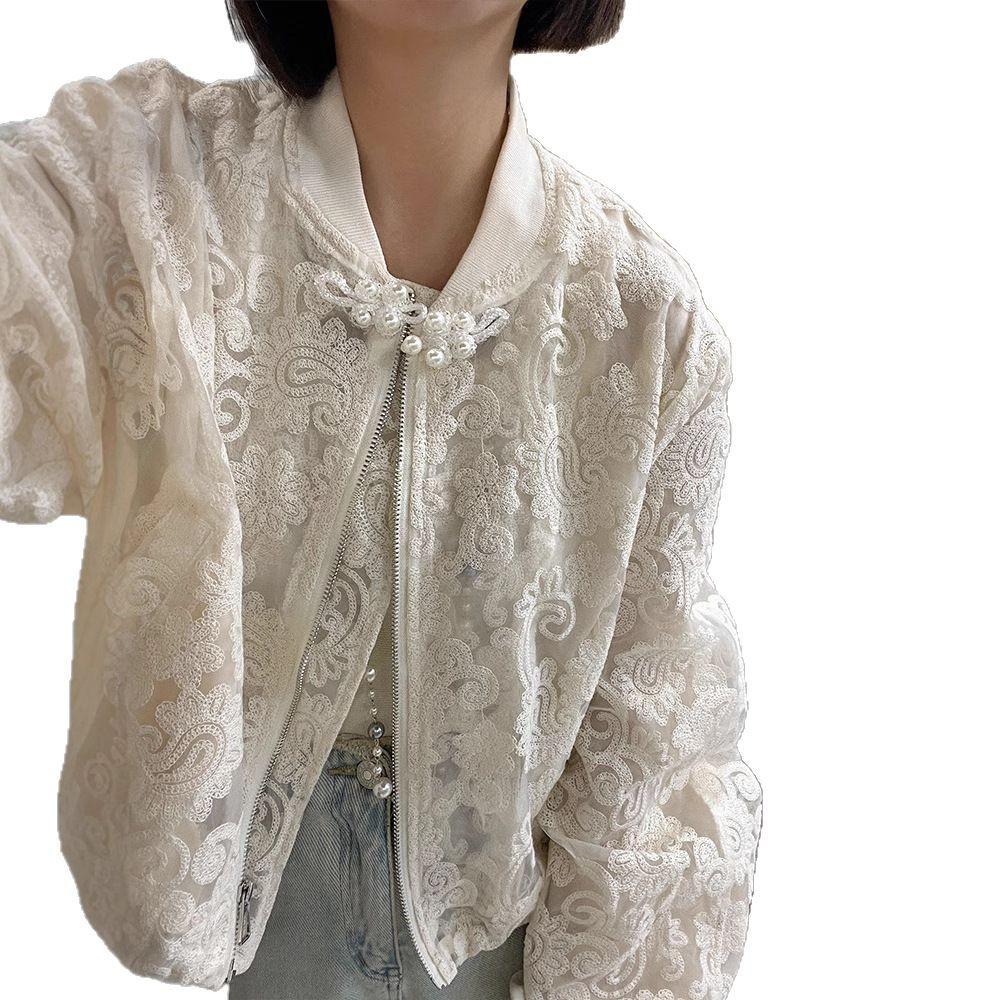 Women's Hollow Lace Jacket with Stand-up Collar - European Style, 2024 Spring, Korean Slimming Fit, Elegant Fragrance-Inspired Design.