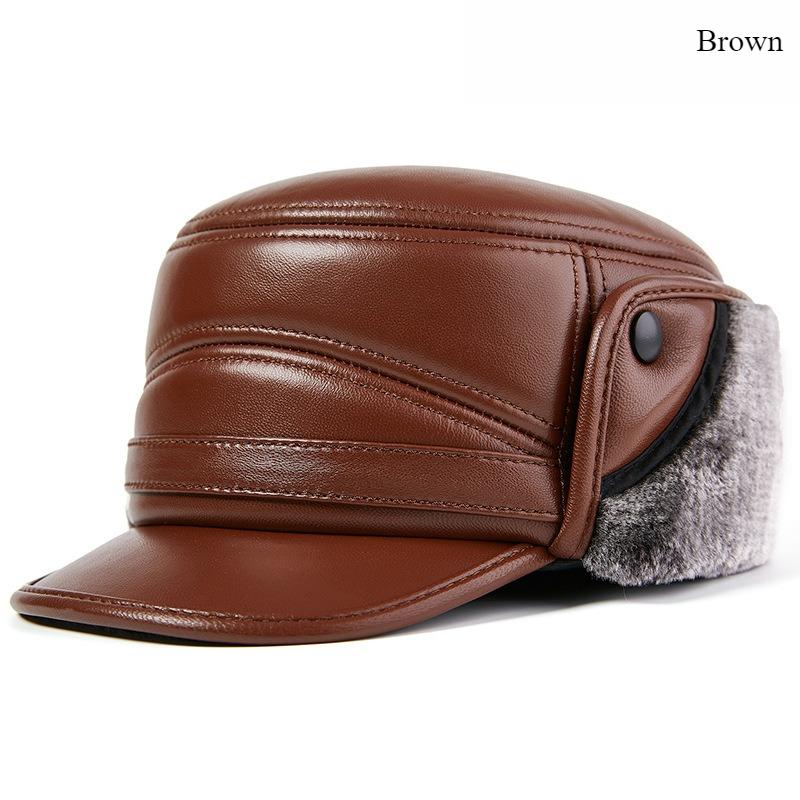Winter Men's Leather Hat Thicken Leather Sheepskin Baseball Caps With Ears Warm Snapback Dad's Hats Sombrero De Cuero Del Hombre