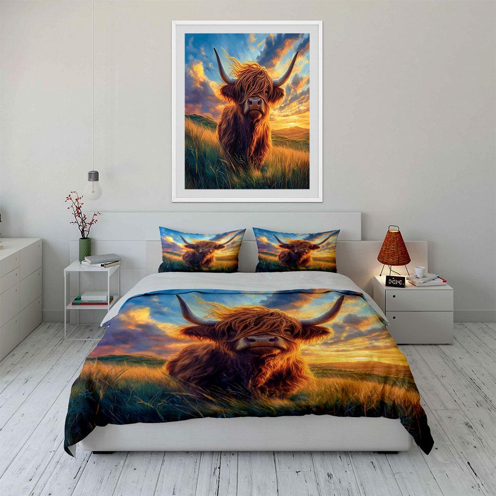 Highland Cow In Golden Sunlight Printed Duvet Cover Set1 Duvet Cover+2 Pillowcasemulti Size Bedroom Bedding Decor Luxury Gifts
