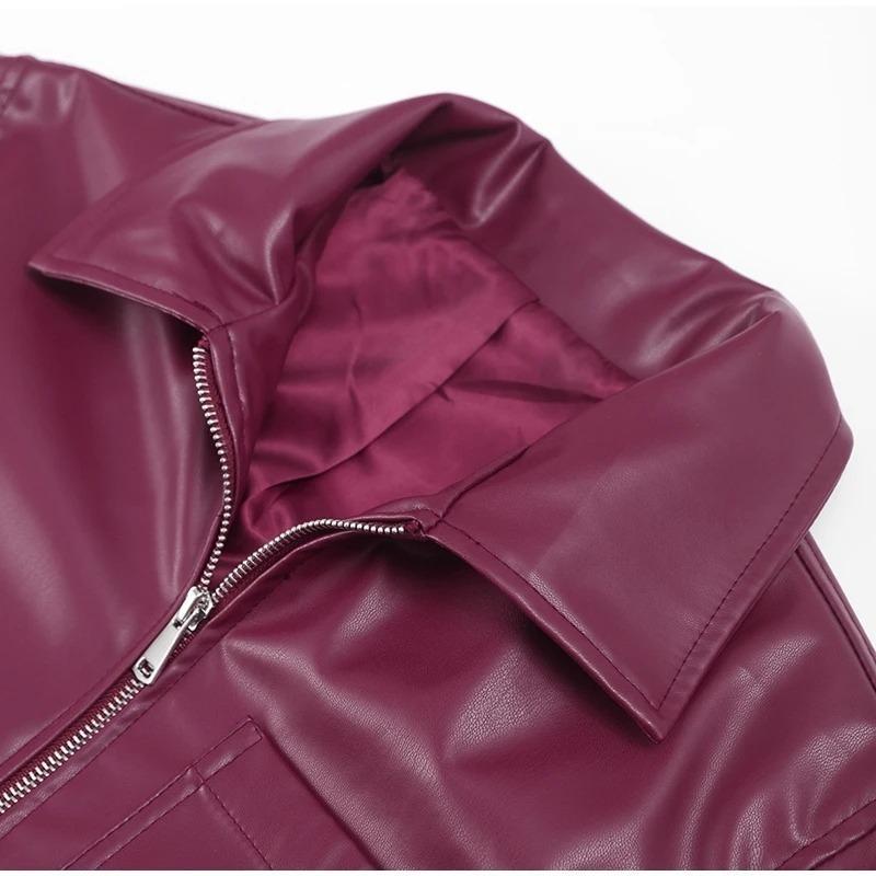 Spring and Autumn Women Long Sleeve Jacket Pu Leather Lapel Zipper Motorcycle Retro Coat Loose Casual Fashion Street Wear