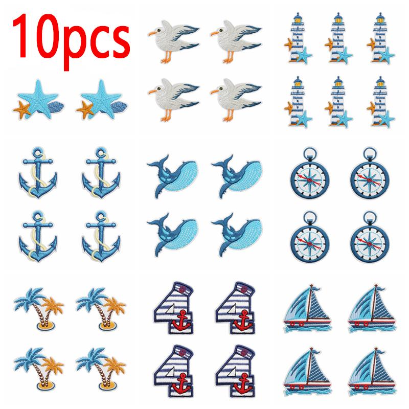 10pcs Luxury Cruise Ship Embroidery Patch Sea Trip Blue Whale Iron On Patches For Clothes Jackets Backpack Sew Stickers Badge 