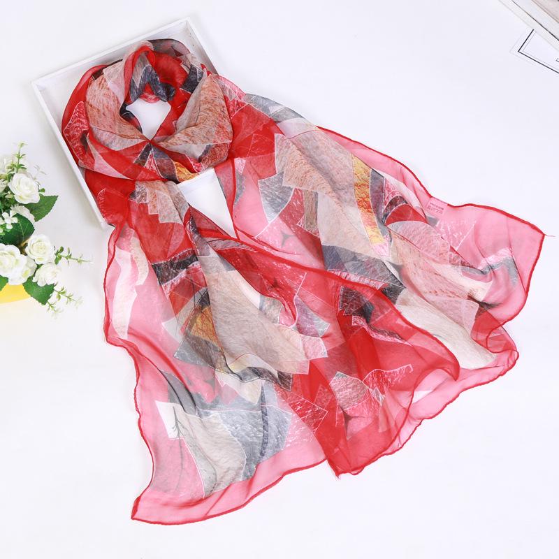 2019 Qiaoqi Long Silk Scarf with Leaf Pattern - Sun Protection, Hot Selling Thin Silk Scarf