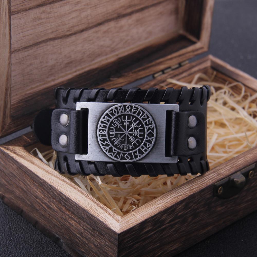 Charm Wide Leather Bracelet Men Punk Braided Rope Alloy Cuff Bangle Male Wristband Viking Bracelet Mens Jewelry with Wood Box