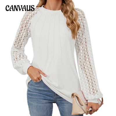 Autumn Women's Blouse Lace Splicing Round Neck Long Sleeve Loose Top