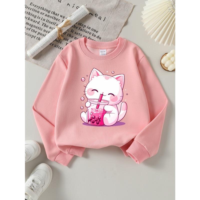 European Sizes Kids Sweatshirts, Girls' Autumn Winter Cute Cat Pink Bubble Tea Print Long Sleeve Round Neck Sweatshirt, Casual Daily Wear.