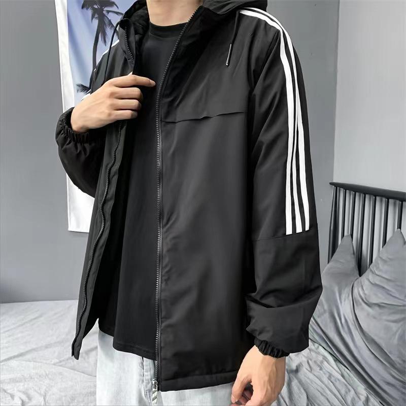 

Jacket Men s Three-bar Hooded Plus Velvet Padded Jacket Jacket Cotton-padded Jacket Female Version Can Be Opened In Two. L