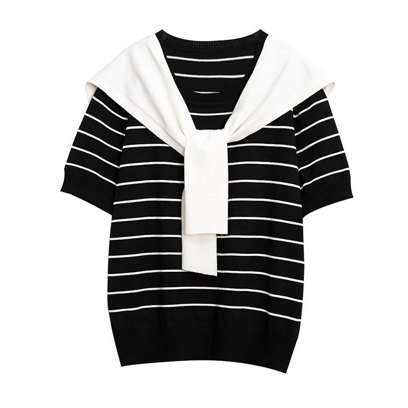 Plus Size Women Summer Knit Lace Up Shawl Half Sleeve Pullover Blouse