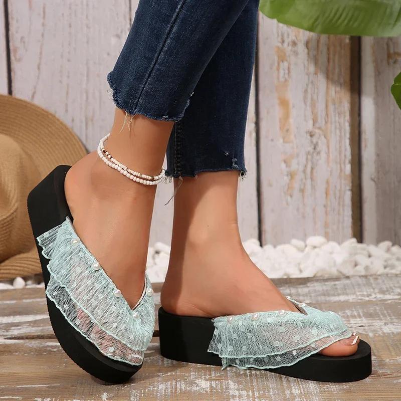 Divat Divat Hálós Platform Papucsok Nőknek Nyári Strand Clip Toe Vastag Talpú Papucs Női Könnyű Gyöngyök Díszítés Csúszkák 42