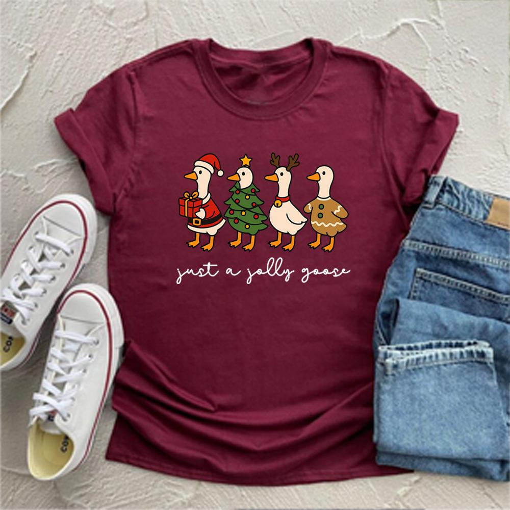 Cute Just A Jolly Goose Tshirt Christmas Goose Shirt Funny Santa Tshirt Gingerbread Goose Graphic Tee Unisex Short Sleeves Tops