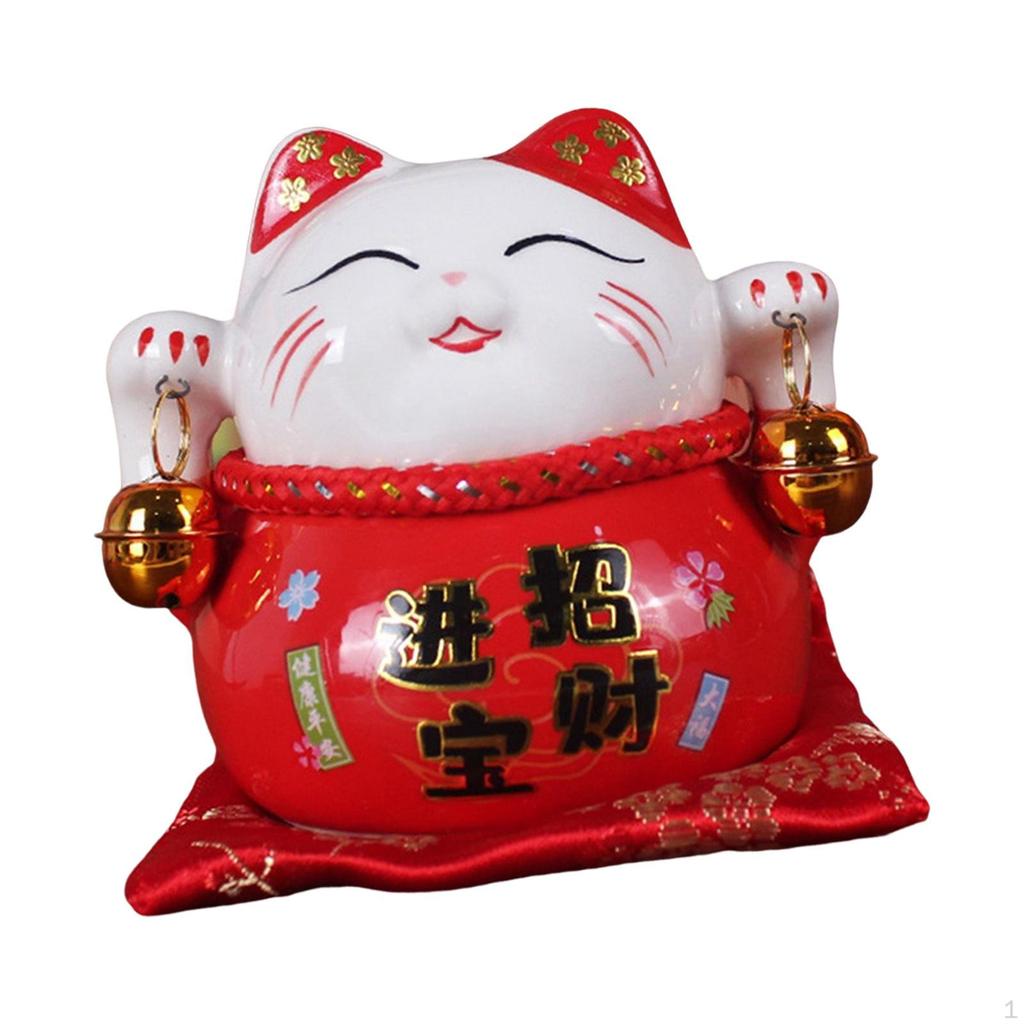 Cat Money Bank Animal Sculpture Saving Pot Jar Feng Shui Blessing Kitten Figurine with Bell