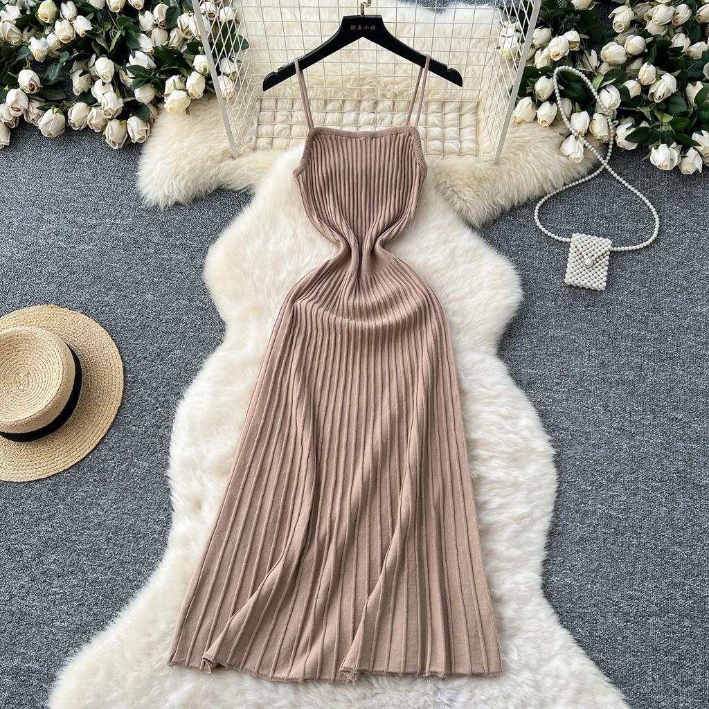 New Summer Knit Spaghetti Strap Dress Sleeveless Elastic Waist Slim Simple  Style Gentle Casual A Line Female Maxi Long Dress Buy cheaply on Joom