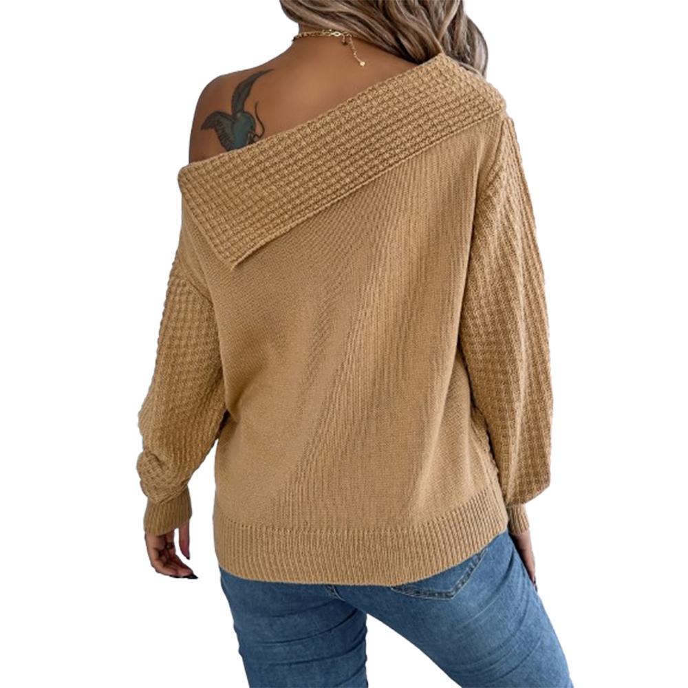 Womens Knitted Jumpers Crew Neck Long Sleeve Pullover Sweater Lapel Off-Shoulder Twist Knitwear Tops