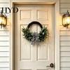 Hanging Door Wreath Artificial Lamb Ear Faux Greenery Leaves Rattan with Striped Year-round Decoration Bow Spring Farmhouse Decor for Front