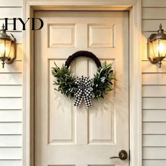 Hanging Door Wreath Artificial Lamb Ear Faux Greenery Leaves Rattan with Striped Year-round Decoration Bow Spring Farmhouse Decor for Front