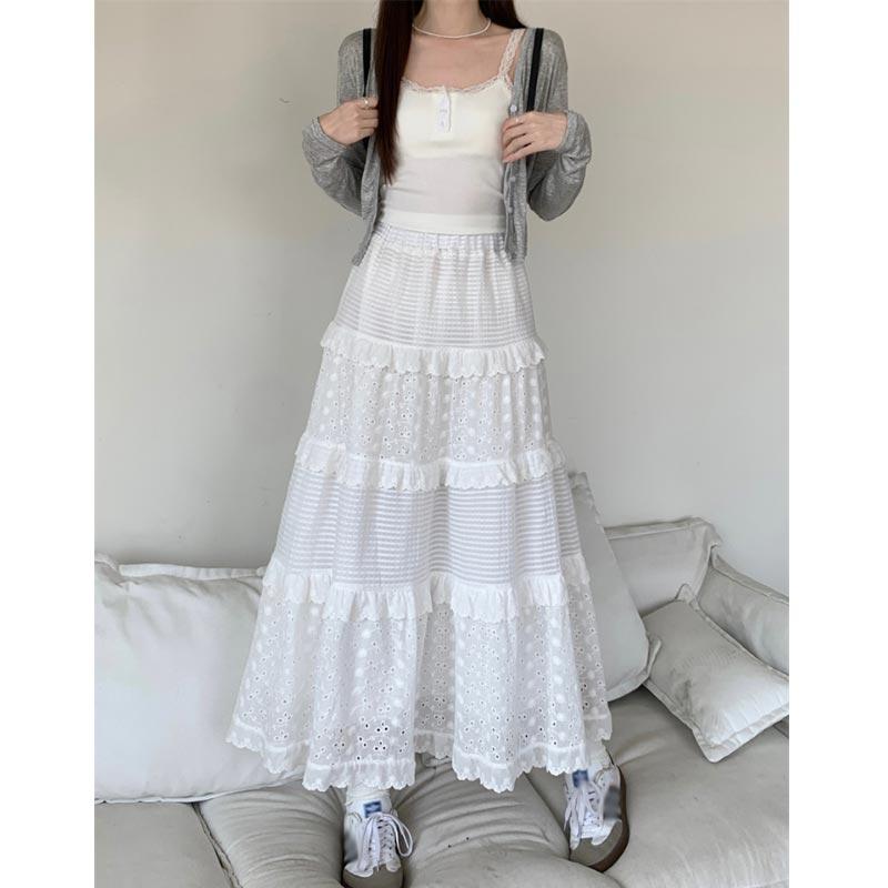 Lace White Long Skirt for Women Spring Summer High Waist A-Line Skirt Sweet A Line Cake Midi Skirts Y2k Female Clothing