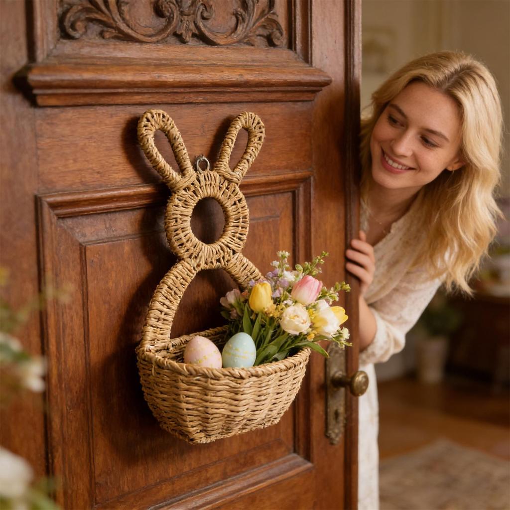 2026 Easter Bunny Woven Wall Basket Rabbit Pocket Decor Handwoven Hanging Basket For Home Farmhouse Indoor Outdoor Fence Porch