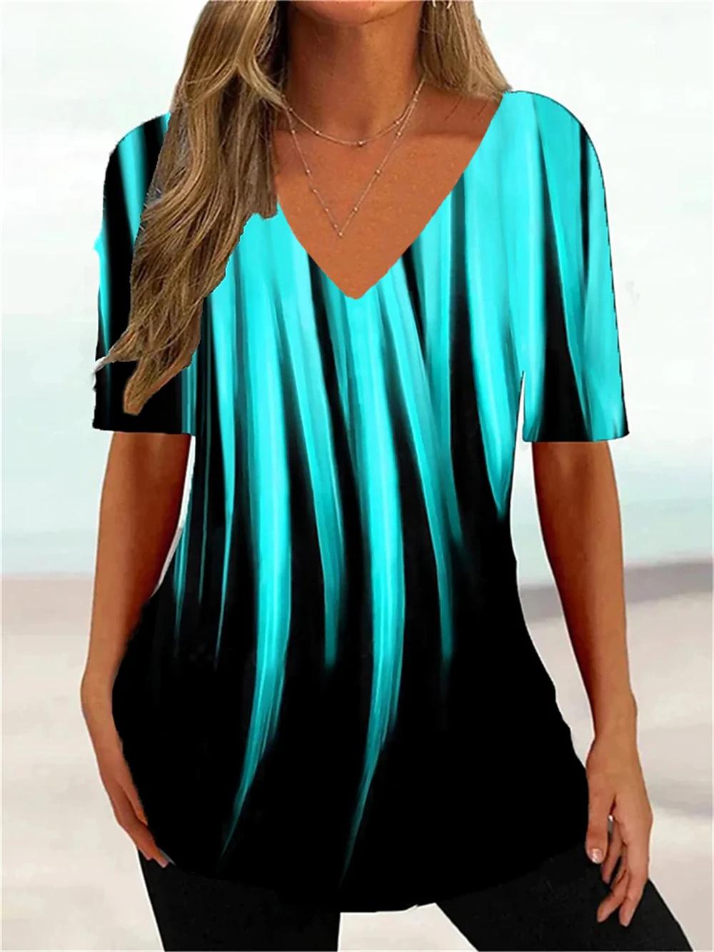 

Летний топ с V-образным вырезом и 3D-градиентным принтом, модные повседневные женские футболки с короткими рукавами XXL