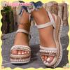 Women'S Espadrille Wedge Sandals with Braided Rope and Rivet Details – Comfortable Open Toe Platform Heels, Beige and Brown Color Scheme