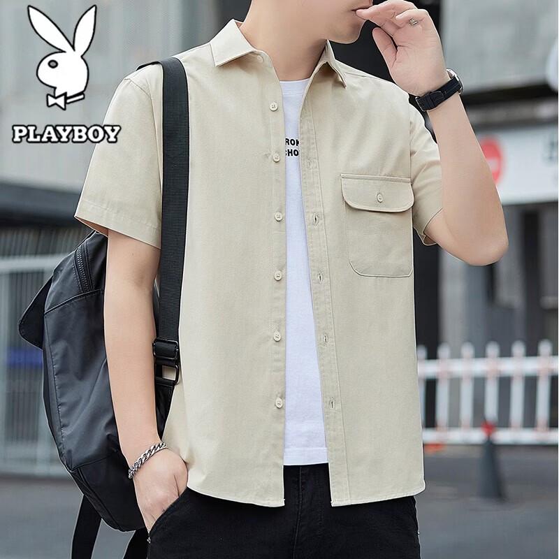 PLAYBOY Men s Casual Washed Pure Cotton Short-Sleeve Shirt XL
