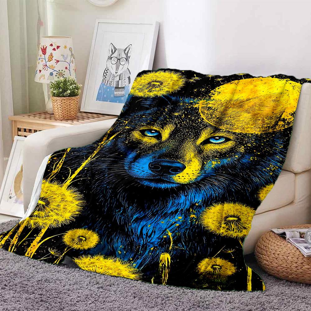 1pc Wolf Dandelion Night Blanket Lightweight Flannel Blanket Throw Blanket For Sofa, Bed, Travel, Camping, Livingroom, Couch, Chair, And Bed Yy2509026