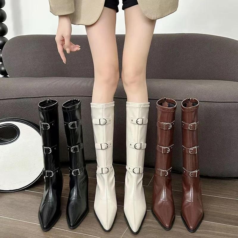 2026 Pointed High Heels Western Cowboy Fashion Boots Belt Buckle Knight Boots