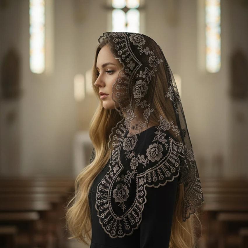 Catholic Church Lace Veil, Cross Lily Embroidered Mantilla Chapel Veil, 130×65cm Women Religious Head Covering Scarf