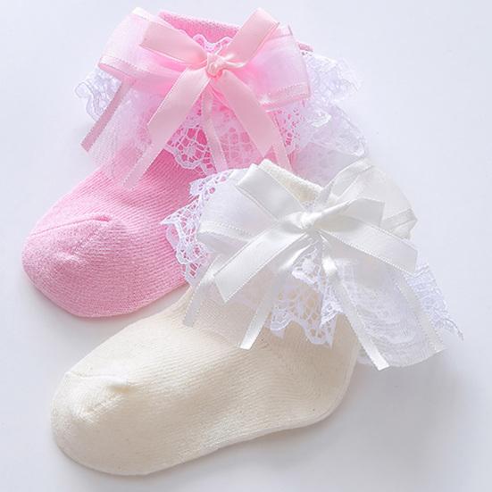 1 Pereche Șosete Bebeluș Respirabile Îngroșate Elasticitate Ridicată Fundiță Dantelă Șosete Bebeluș Fată pentru Bebeluș