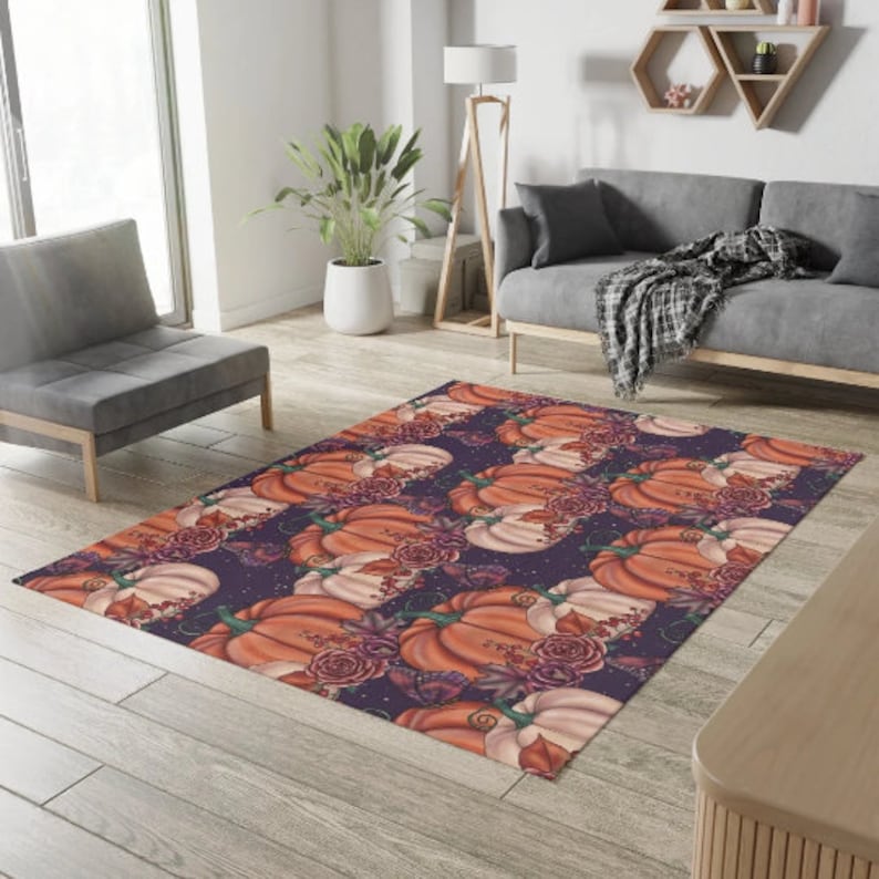 Dark Fall Pumpkin Rug Purple Orange Pumpkin Living Room Rug, Autumn Floral Rug For Thanksgiving