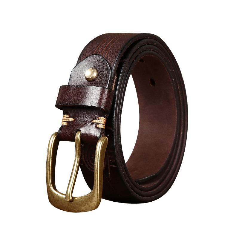 3.3Cm Wide Retro Personalized Embossed Belt Men'S Genuine Leather First Layer Cowhide Fashion Trend Casual Copper Buckle Belt
