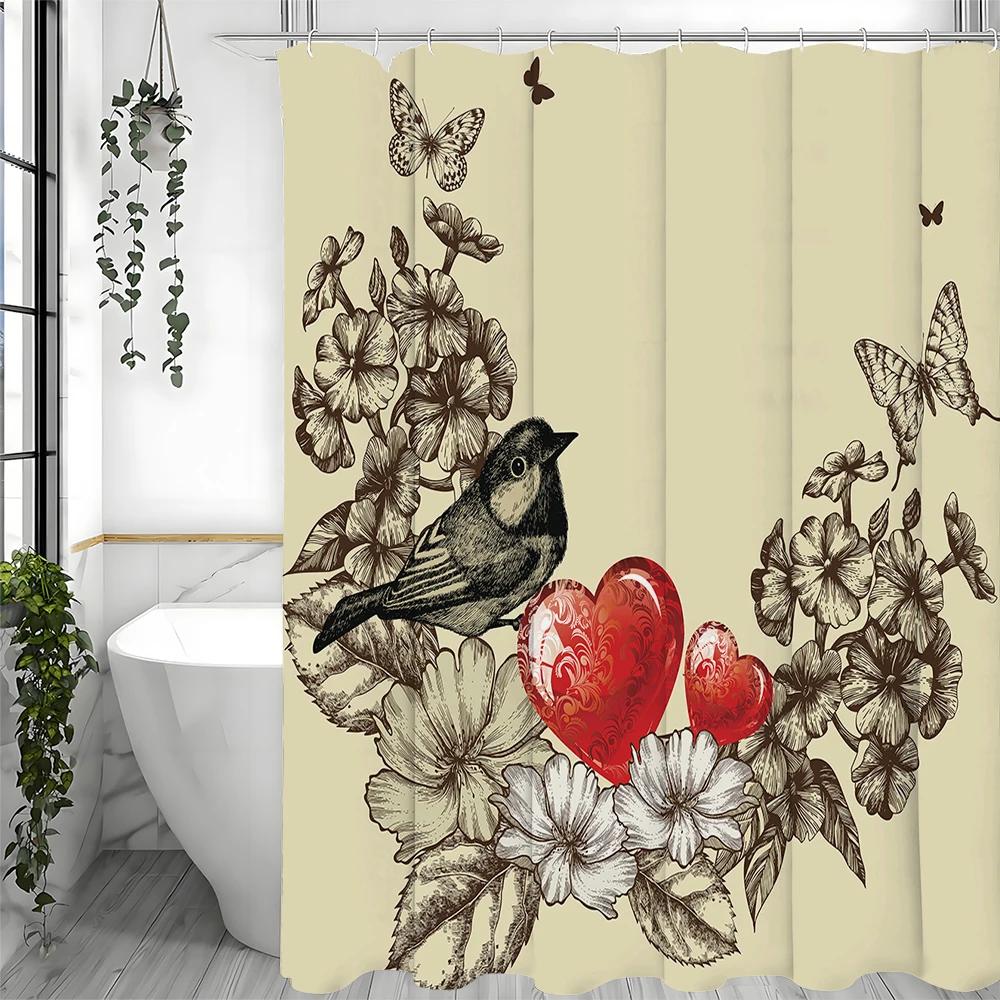Flower Bird Butterfly Shower Curtain, Bathroom Decorative Shower Curtain, Waterproof Shower Curtain with Hooks W90xH180cm
