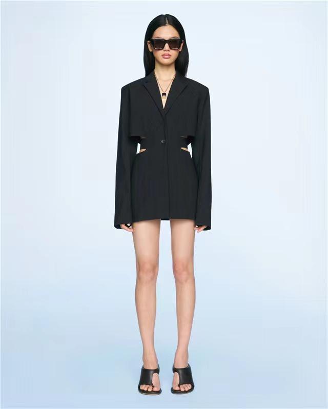 Elegant Designer Hollowed-Out Waist Slim-Fit One-Button Little Black Suit Dress