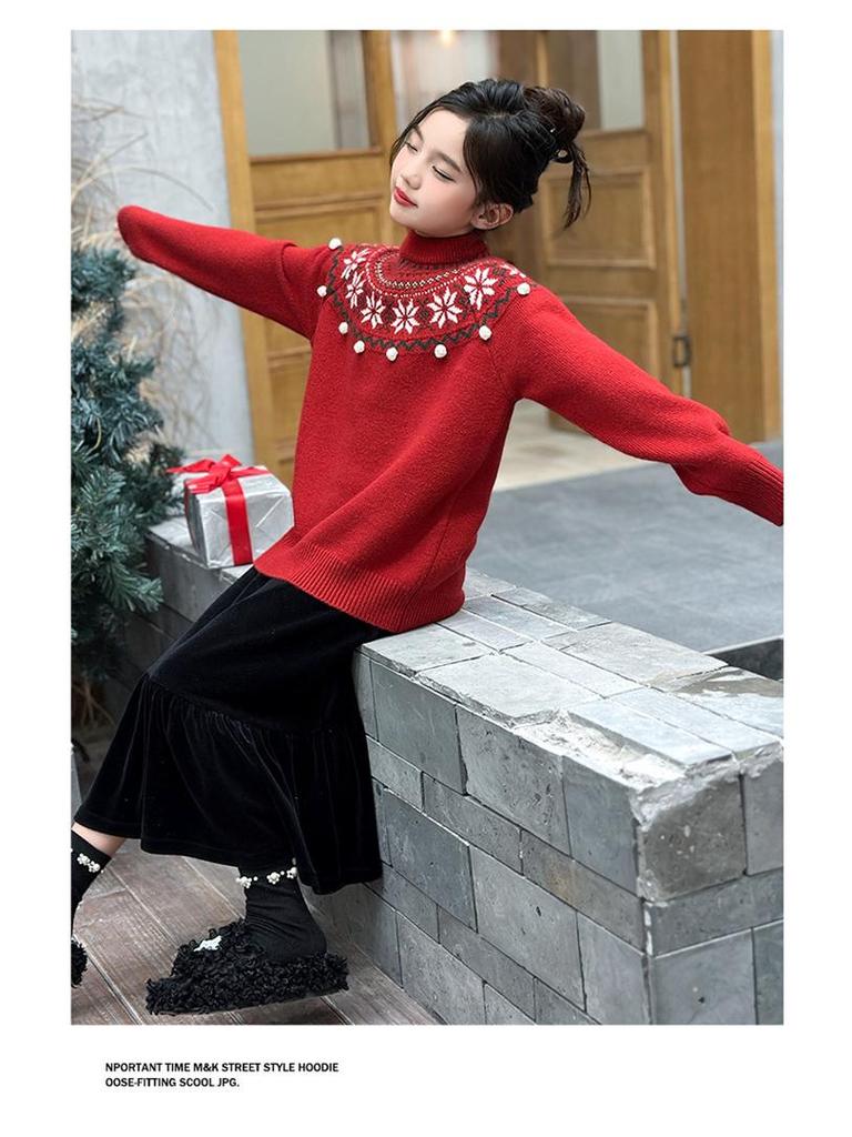 Girls' Retro Jacquard Knit Sweater - Round Neck, Long Sleeves, Autumn/Winter 2025 Collection