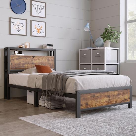 Platform Bed Metal with Storage Headboard Strong Load Bearing Adult Single Slats Frames Home Furniture Space Head