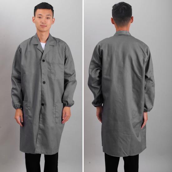 Arbeitsmantel für Damen und Herren, Revers, lange Ärmel, elastische Bündchen, einfarbig, waschbar, Arbeitsjacke mit Tasche, einreihig, mittellange Oberbekleidung