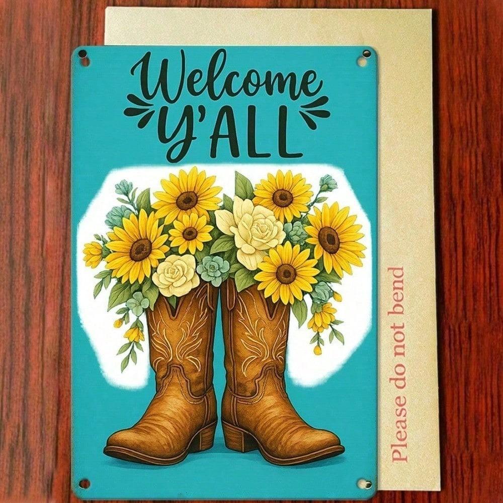 1PC 2D Flat Metal Tin Sign, Welcome Y'all Cowboy Boots Sunflower Wall Decor, Rustic Farmhouse 12x8 Inch Iron Plaque