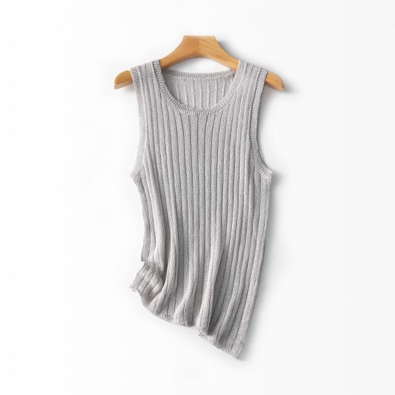 

Полоски из пряжи васи, простой круглый вырез, майка-слинг, женский тонкий дышащий, омолаживающий, тонкий вязаный свитер-топ L серый