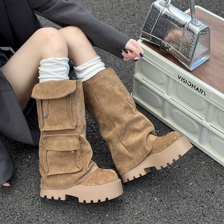 Retro thick-soled trouser boots 2025 summer new thin long boots niche design knight boots pocket tooling boots
