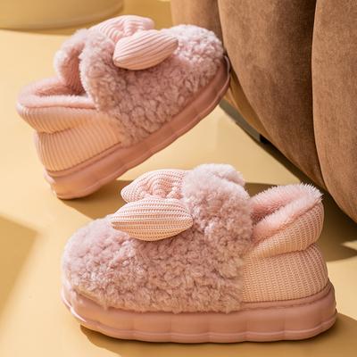 Women Pink Furry Slippers Thick Sole Cute Bow Outside Street Warm Fur Footwear Girls Fashion Comfortable Light Lady Cotton Shoes