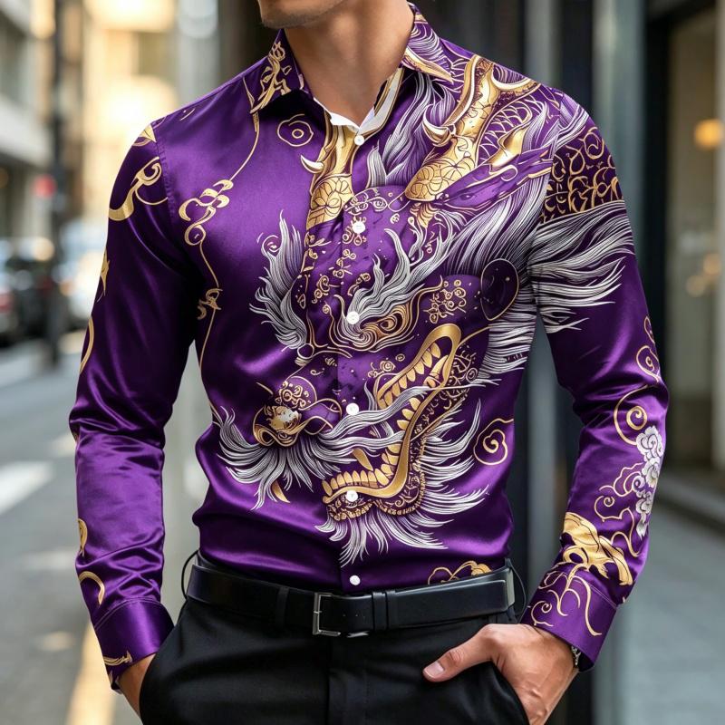 New Men's Long Sleeve Shirt Traditional Art 3D Printing Business Office Nightclub Wedding Casual Single breasted Men's Top