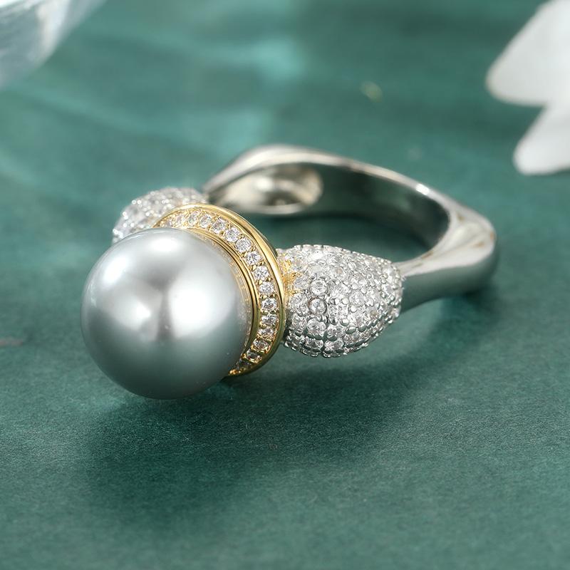 Vintage Inlaid White CZ Imitation Pearl Women's Ring Creativity Two Color Geometry Daily Wear Party Jewelry Anniversary Gift