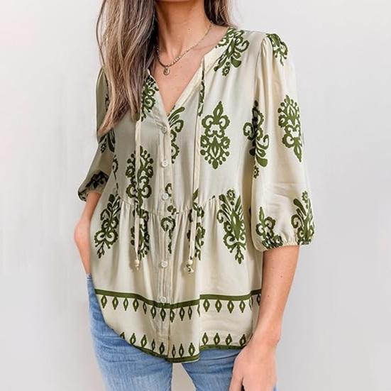 Women Shirt Loose Fit V Neck Printed Button Placket Shirt Tops Half Sleeve Breathable Summer Casual Tops