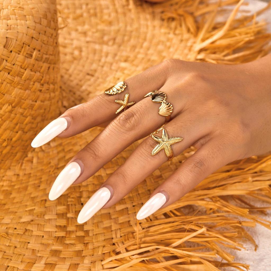 Ocean Holiday Alloy Ring Set: Shell & Starfish Design, Openable 3-Piece
