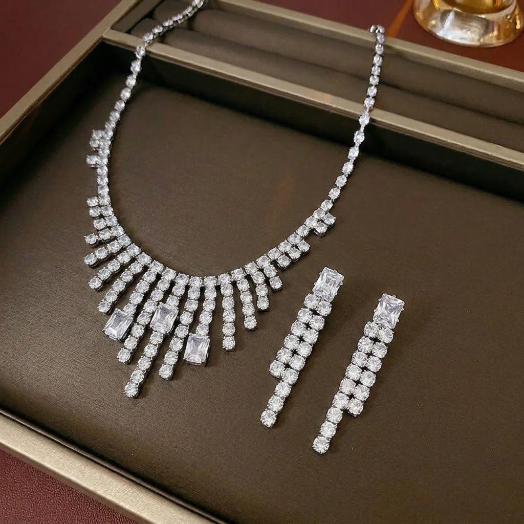 Trendy Zircon Earrings & Necklace Set: White Tassel Jewelry with Fashionable Temperament