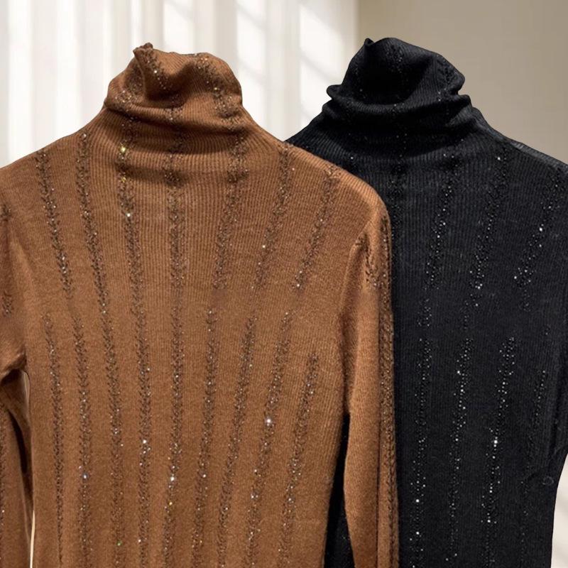 Women's High Neck Long Sleeve Heavy Duty Rhinestone T-shirt (92% Polyester, 8% Spandex)