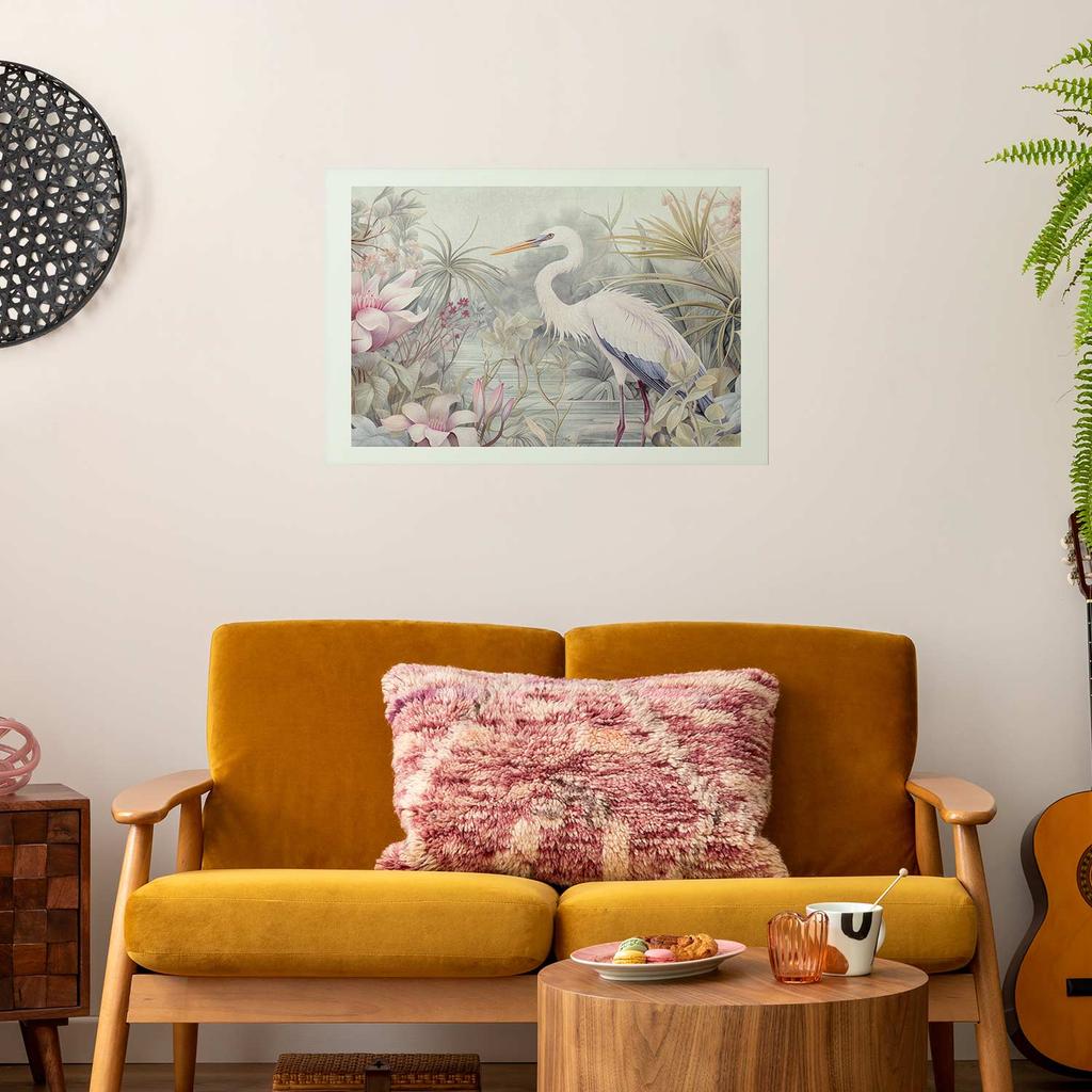 Plakat - Czapla Brodząca W Stawie - Ilustracja W Jasnej Kolorystyce