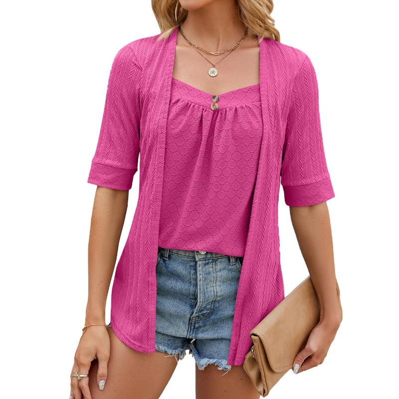 Camiseta Feminina de Verão Cor Sólida Decote Quadrado Costura Botão Manga Média