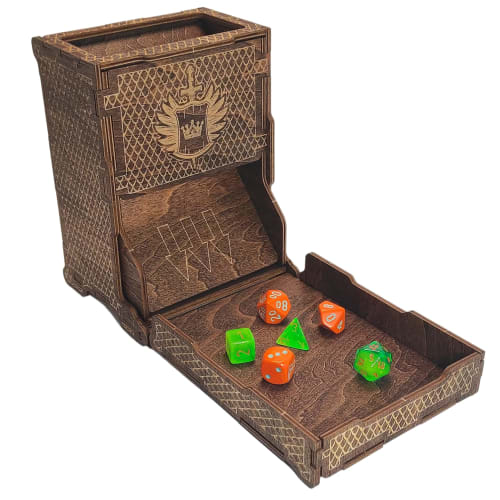 FOXBITE Dungeons and Dragons Dice Tower - Wooden Laser-Etched DND Dice Scroll with Portable Folding Tray