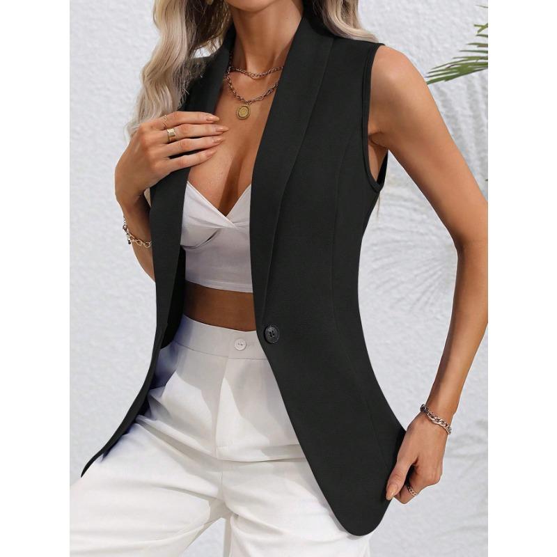 Dámská jarní a podzimní jednobarevná ležérní bunda s kulatým límečkem bez rukávů na jeden knoflík